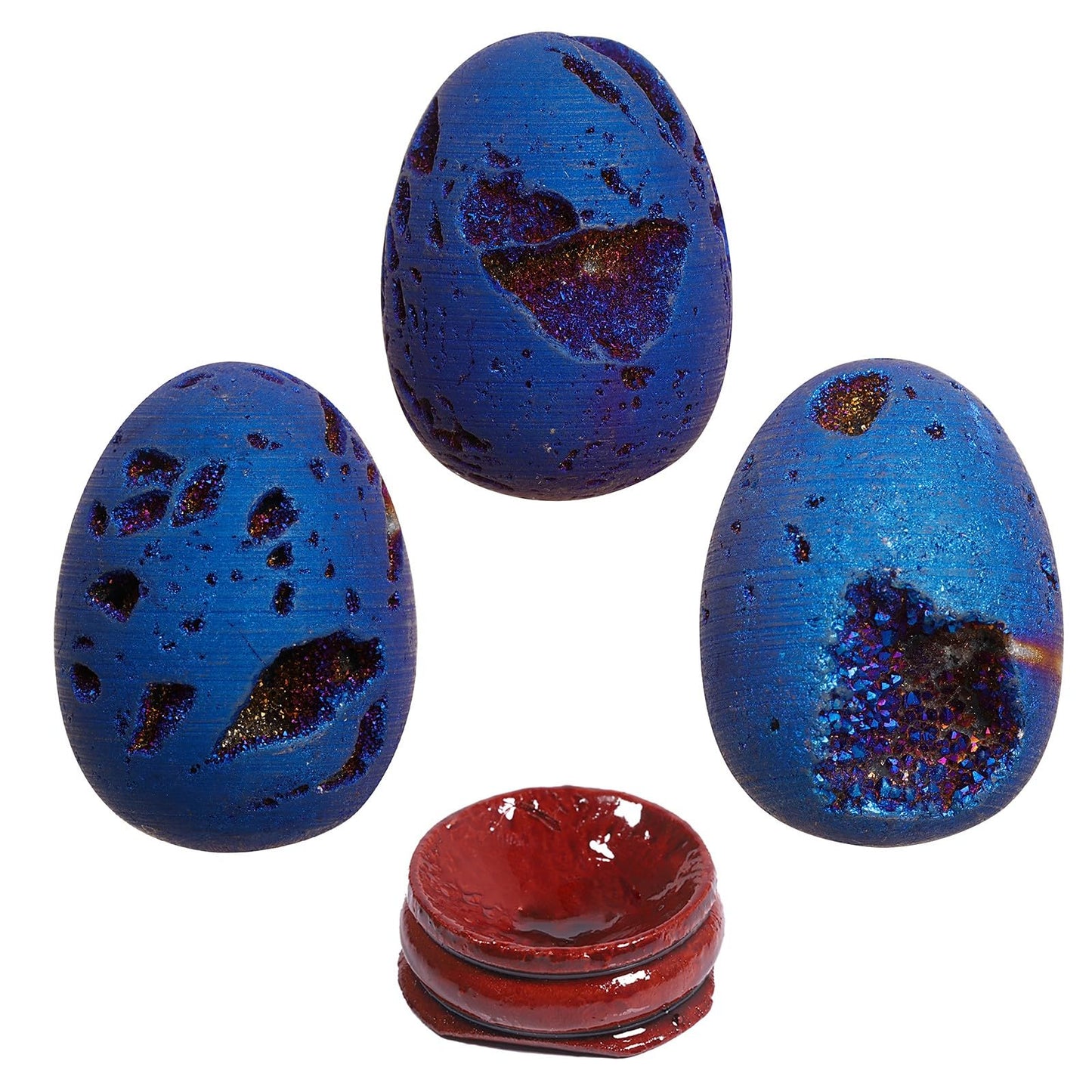 dssmboom Titanium Coated Druzy Agate Crystal Egg Specimen with Wooden Base, Healing Stone Egg Shape Geode Figurine for Home Decoration, Deep Blue