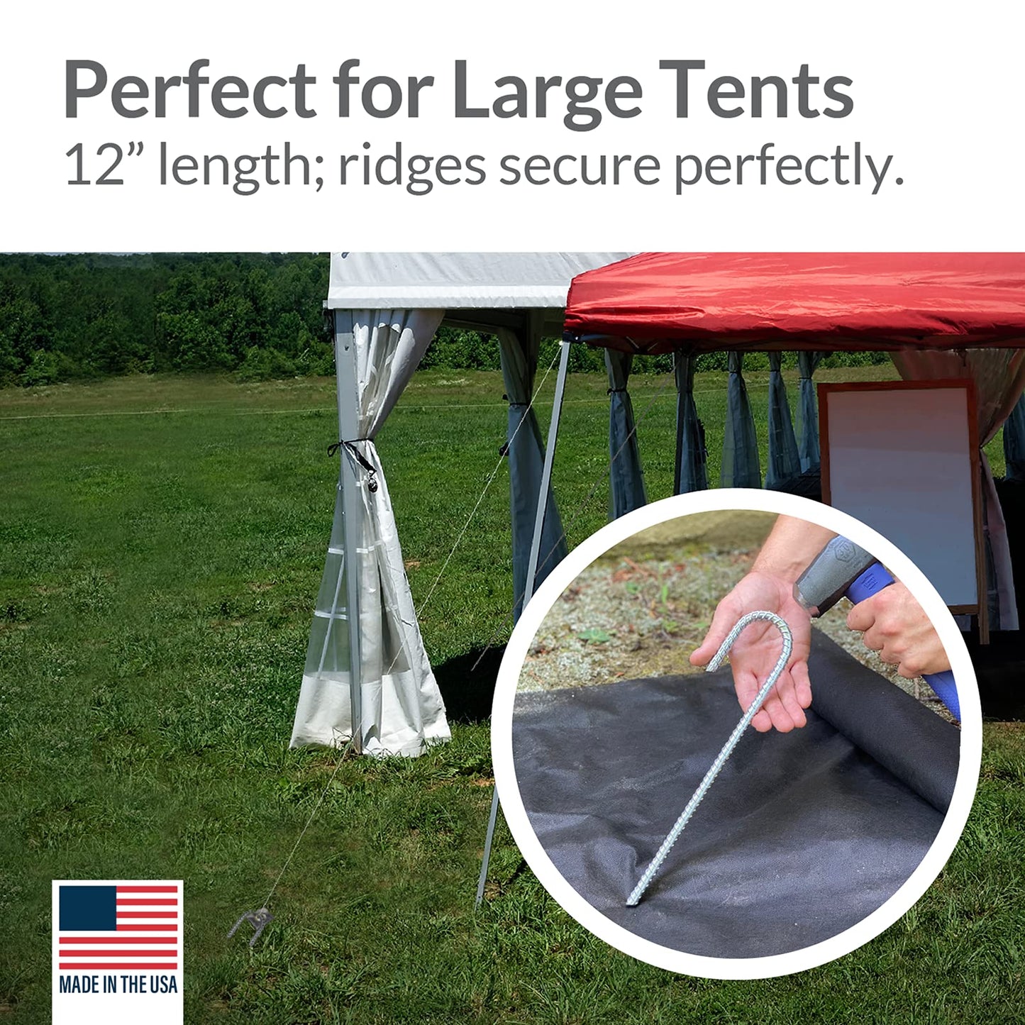 Pinnacle Mercantile 100 Pack Anti Rust Rebar Stakes J Hook Heavy Duty Galvanized Steel Ground Anchors 12 inch Long 3/8 inch Round Chisel Point End Made USA