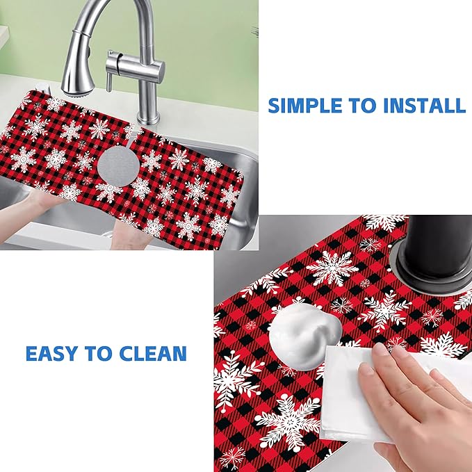 Christmas Snowflake Kitchen Sink Splash Guard Mat Buffalo Plaid Absorbent Fast