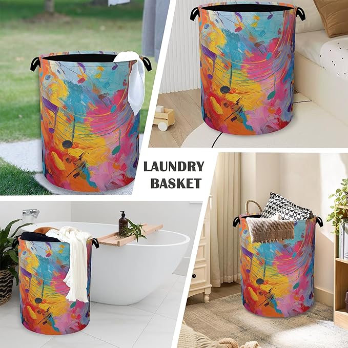 Colorful Music Symbols Laundry Basket, Foldable