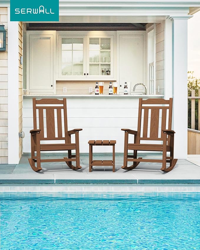 SERWALL Oversized Rocking Chair Set of 2 Outdoor, HDPE Outdoor Rocking Chair Set of 2, Brown