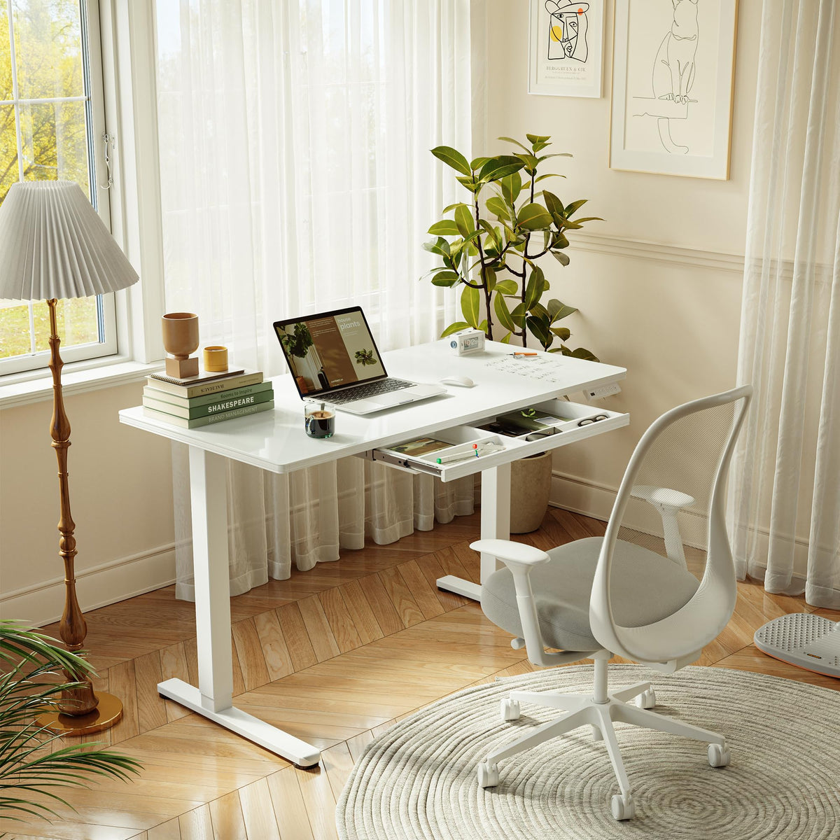 CubiCubi 48x24 Standing Desk with Glass Top, Height Adjustable Computer Desk with Drawer, One-piece Rising Home Office Desks with Positon Memory, Sit Stand Up Electric Workstation Table, White