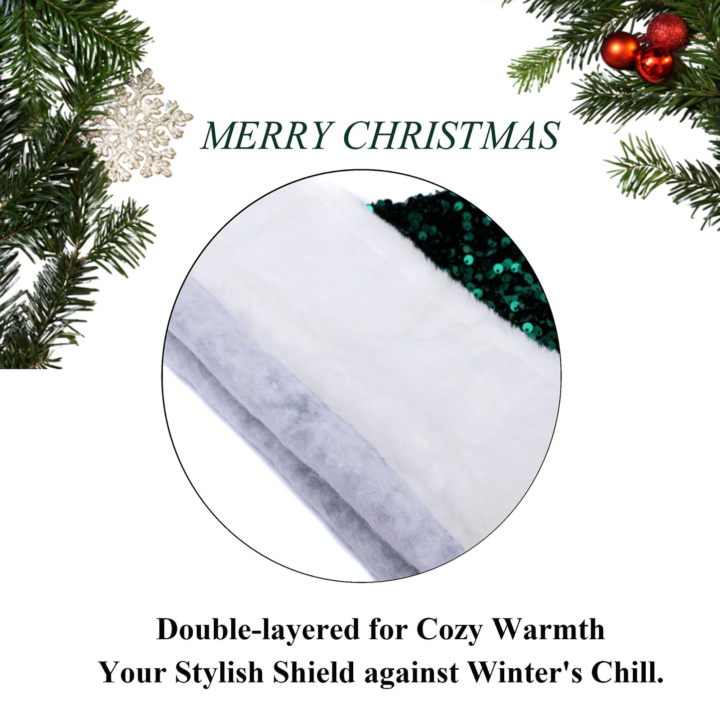 Chisander Sequin Santa Hat, Unisex Santa Hat for Adults with Shiny Sequin and Fluffy Pompom, Party Hat for New Year Xmas Festival (Red)