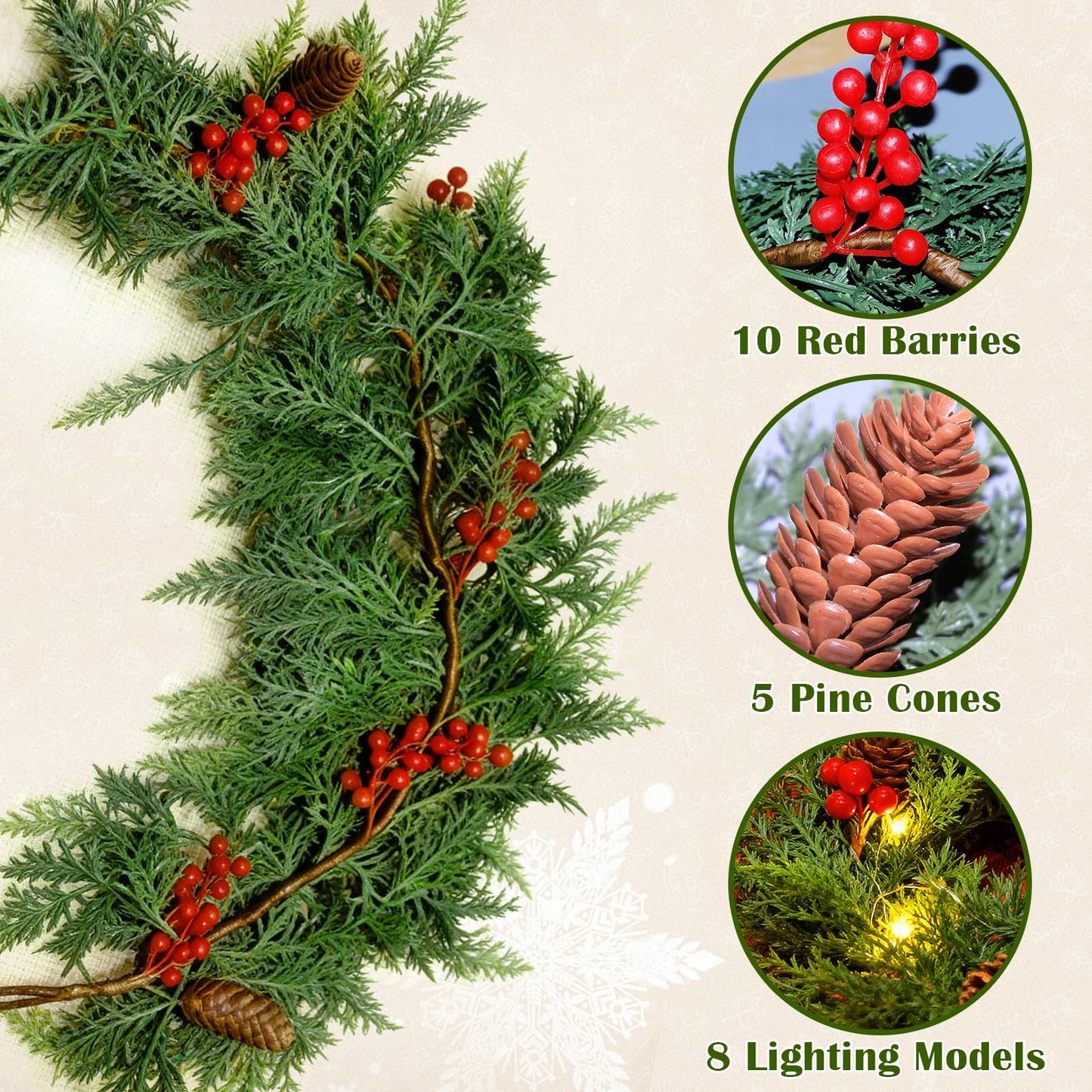 6 FT Christmas Cedar Garland, Real Touch Soft & Thickness Greenery Pine Garland with Lights Battery Operated for Mantle Table Fireplace Outdoor Indoor Christmas Decor