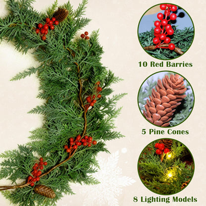 6 FT Christmas Cedar Garland, Real Touch Soft & Thickness Greenery Pine Garland with Lights Battery Operated for Mantle Table Fireplace Outdoor Indoor Christmas Decor