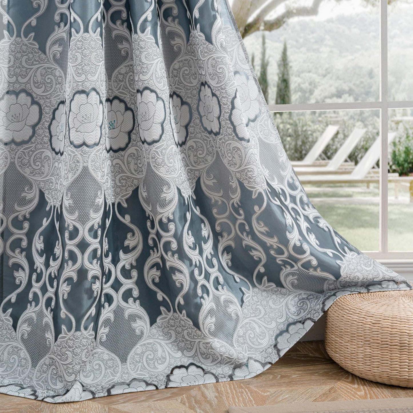 Petrichor Gray Sheer Jacquard Voile Curtains （54" W x 84" L）, 2 Panels with Attached Valance, Double Layer Floral Cutwork Design with Luxurious Texture, Rod Pocket, for Bedroom & Living Room
