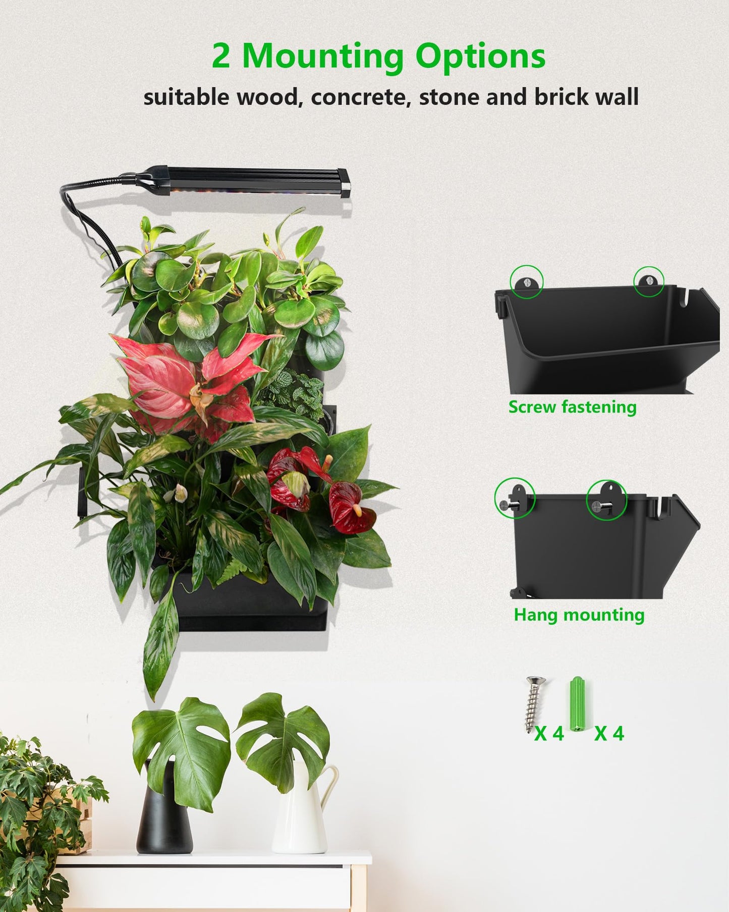 DPROOTS Wall Planters for Indoor Plants with Grow Light & Self Watering System, 6-Pot Vertical Garden for Herbs, Vegetables, Flowers, Succulents, Includes Screws & Expansion Pipes