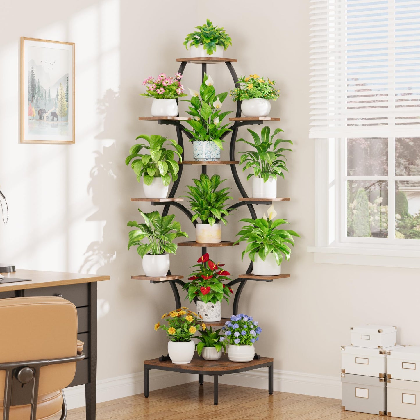 LATIBELL 72'' Tall Corner Plant Stand Indoor with Grow Light - 8 Tiered Metal Plant Shelf for Indoor Plants, Curved Display Rack Capable of Holding Large Pots in Living Room, Patio & Balcony, Black