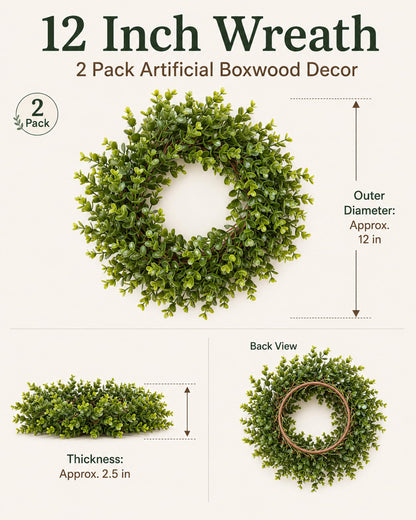 Plamyi 12" Mini Boxwood Wreaths 2-Pack - Faux Greenery for Decorating