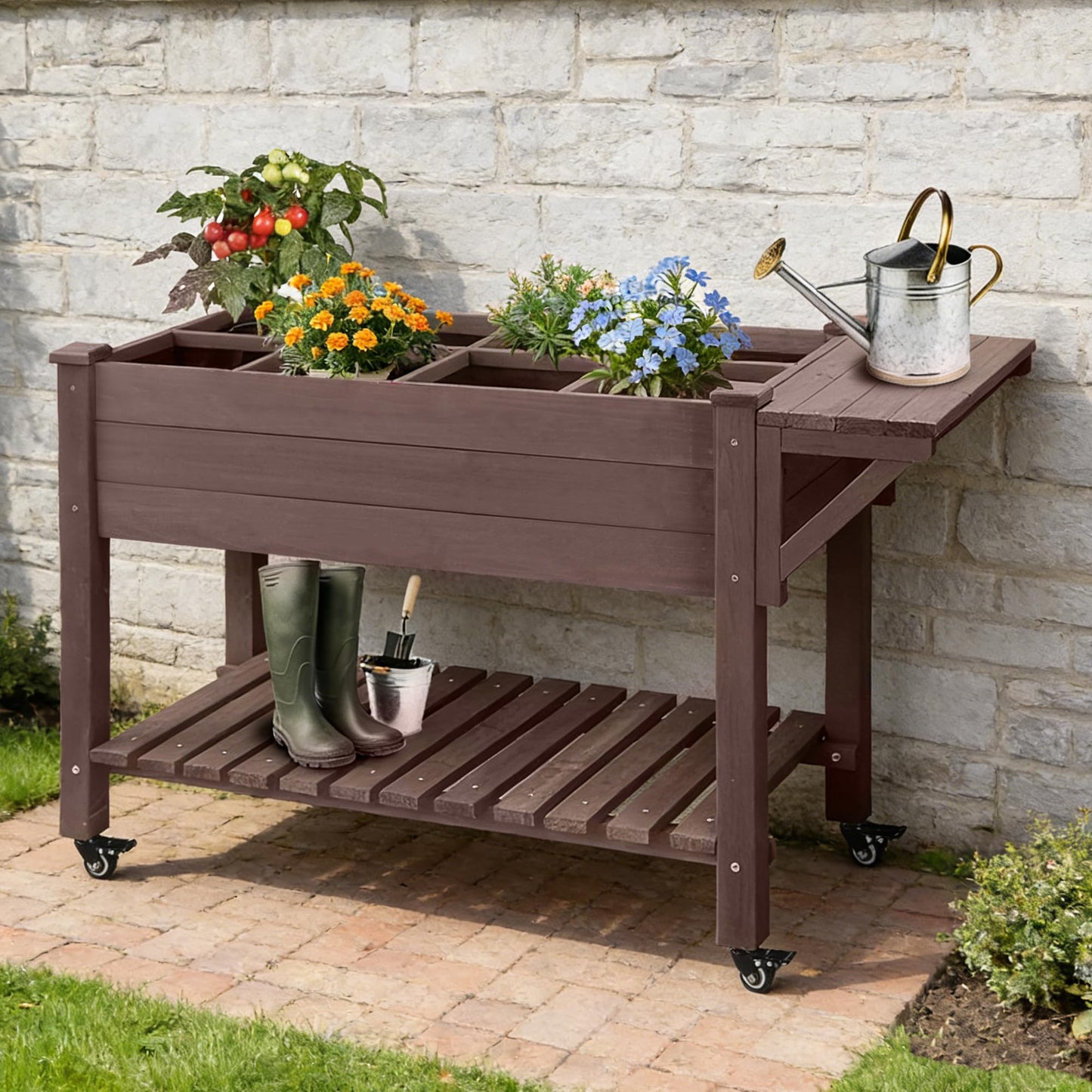 Joyqinchen Raised Garden Bed Outdoor with Wheels, 52.7" Elevated Wooden Garden Bed with 8 Planter Boxes, Removable Dividers, Storage Shelf, Standing Mobile Planter with Non-Woven Liner