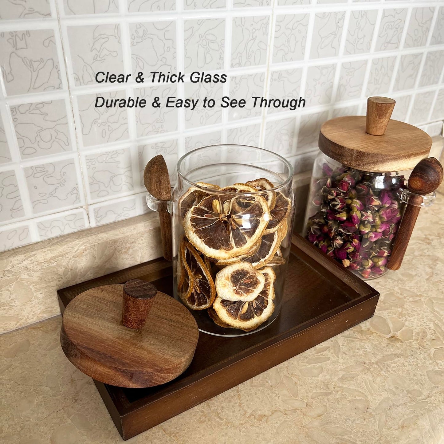 BEECO GIF2U Glass Jars with Brown Wooden Lids and Scoops 20oz 2Pack with Tray, Airtight Food Storage Containers with Tray for Sugar Coffee Bean Candy Spice