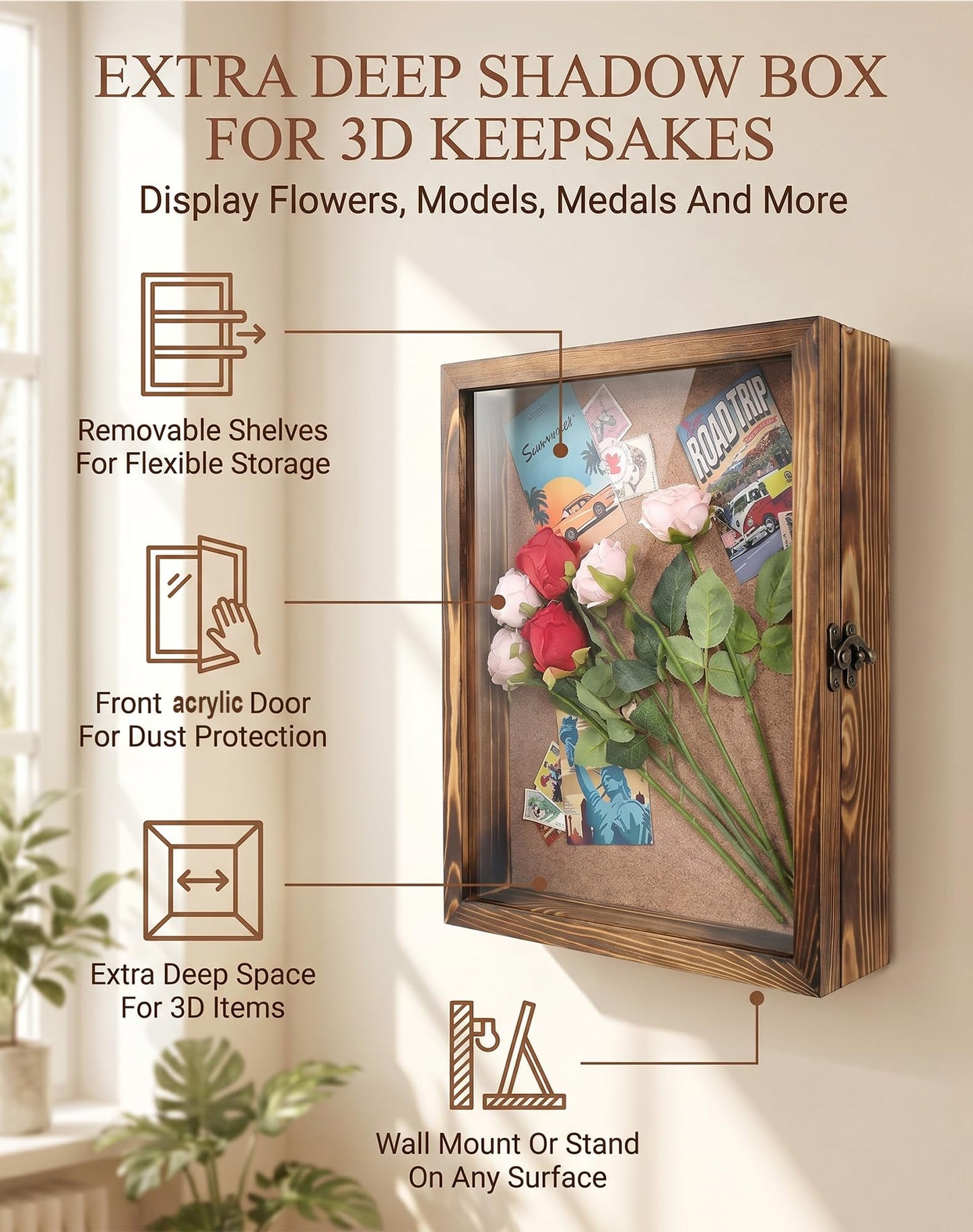 LITAITAI 14x17 Shadowbox Frame with Shelves, Deep Shadow Box Display Cases with 4 Movable Shelves,Shadow Work Journal and Workboolshadow Box for Flowers,Medals,Coins,Pictures,Weddings(Carbon)