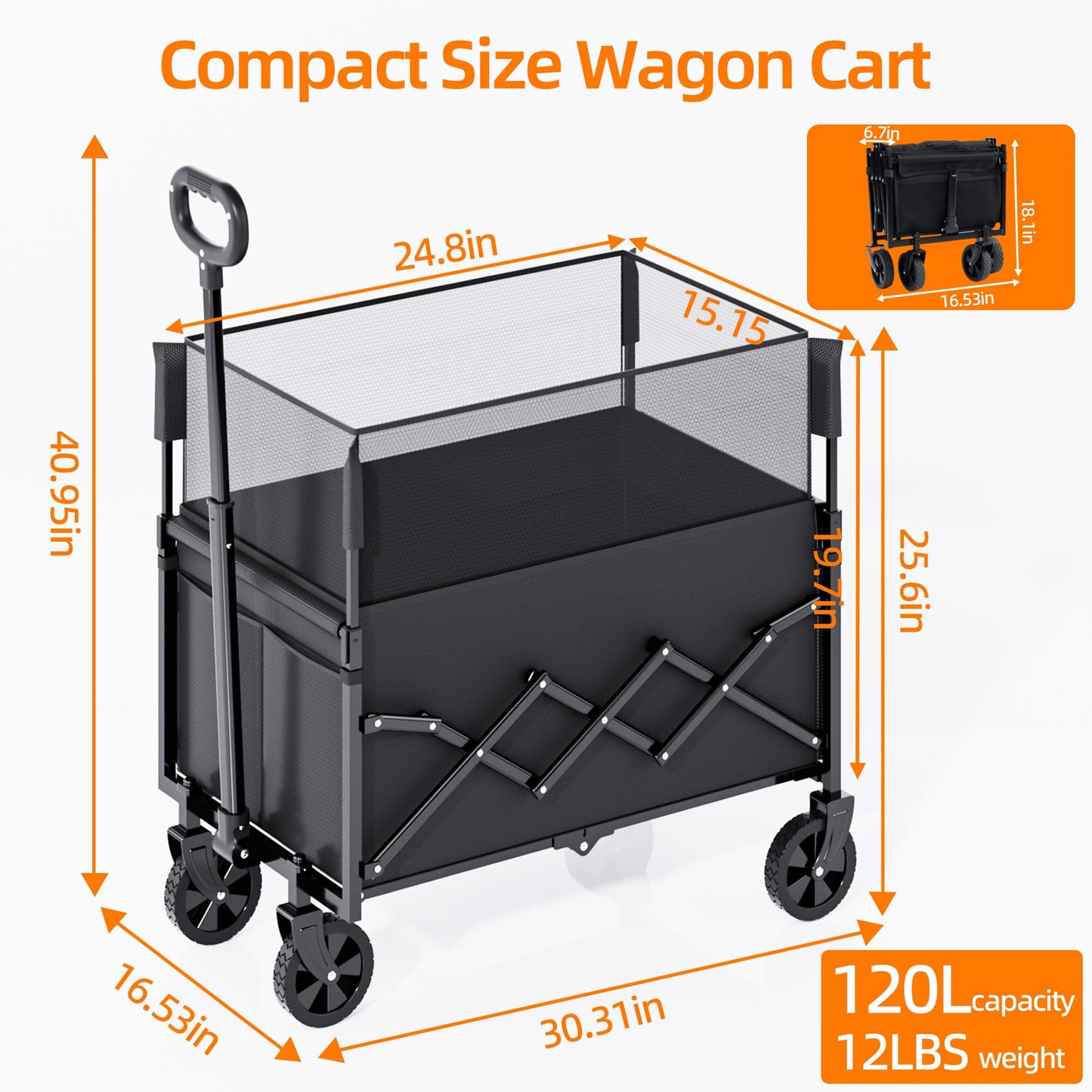 Festival Trolley on Wheels Utility Collapsible Wagon Cart Adjustable Handle for Shoppings Campings Gardenings and Outdoor Sports 120L Capacity
