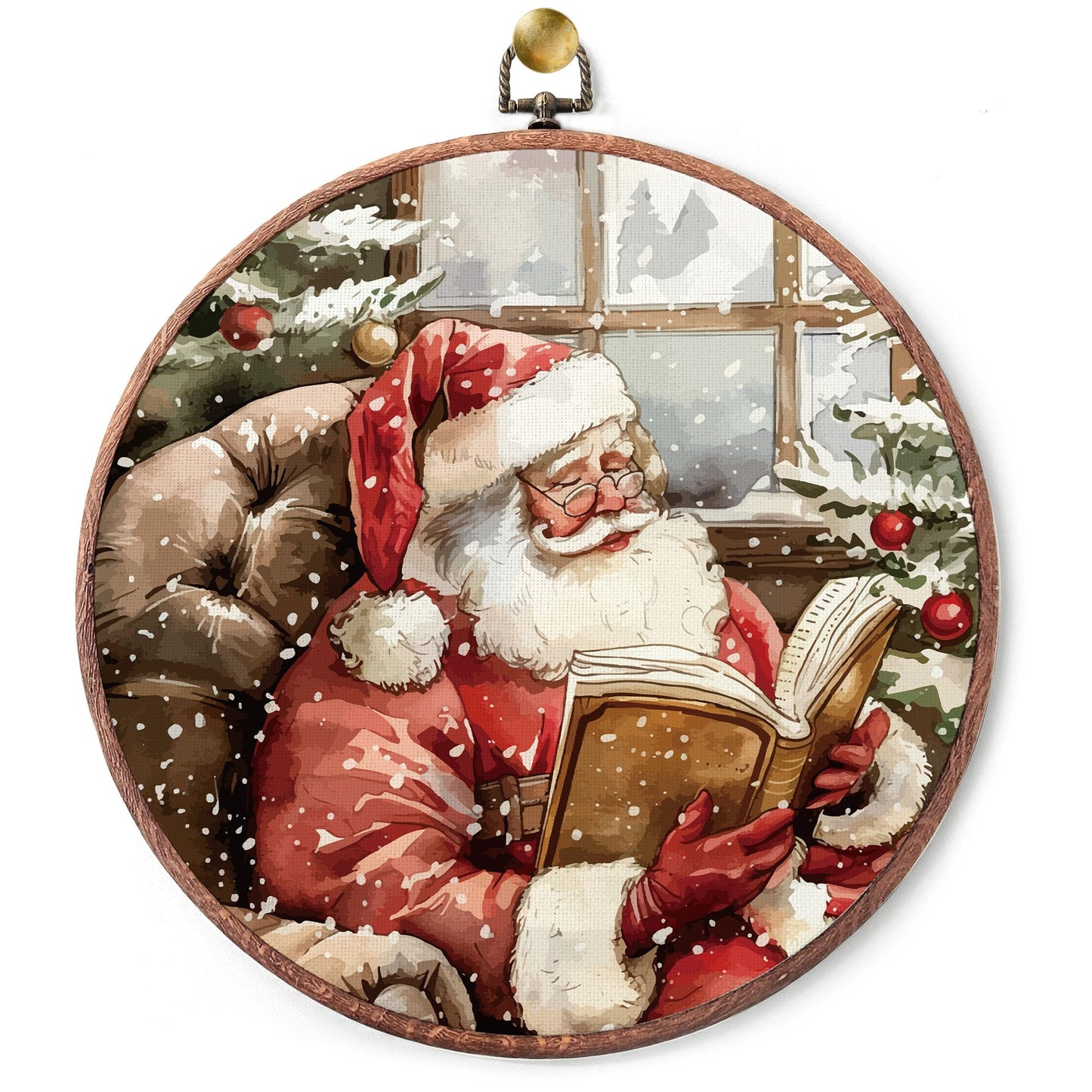 heiyihe Round Christmas Canvas Frame Wall Art Decor, 10x10 Inches Santa Reading Book Hanging Wall Artwork, Christmas Embroidery Kit Decor for Home Living Room, Xmas Gift Ideas for Family Friends-A05