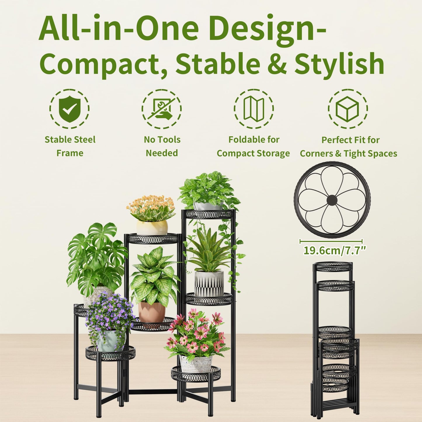 NQW Plant Stand Indoor Outdoor, 7 Tier Large Plant Stand with 7.9-Inch Wide Drainage Tray, Tiered Corner Metal Iron Flower Display Holder Shelf, Folding Tall Rack for Patio Balcony Porch - BlackFlower