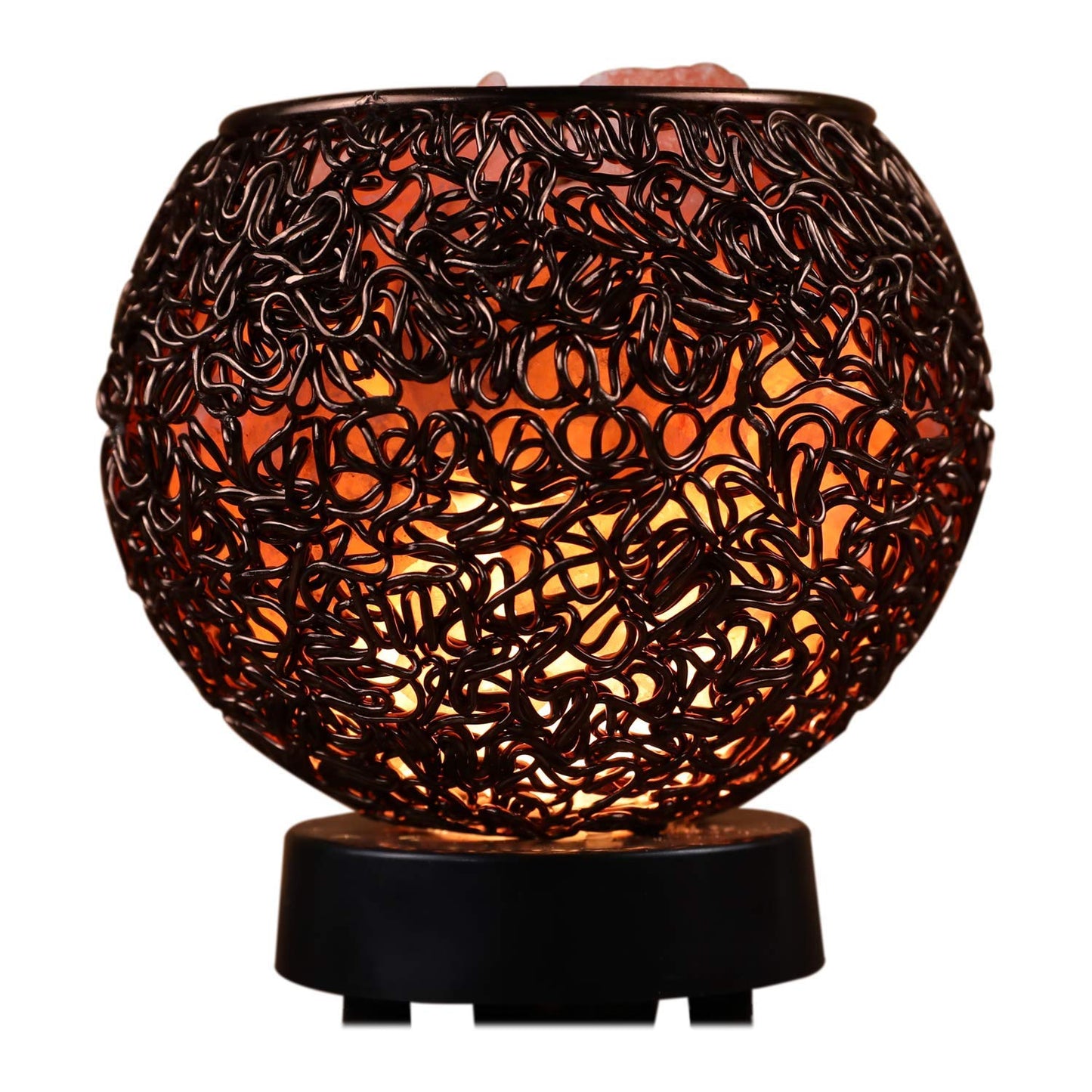 Plemo Natural Himalayan Salt Lamp with Genuine Wood Base in Classic Round Metal Basket with Dimmable Cord and Luxury Gift Box