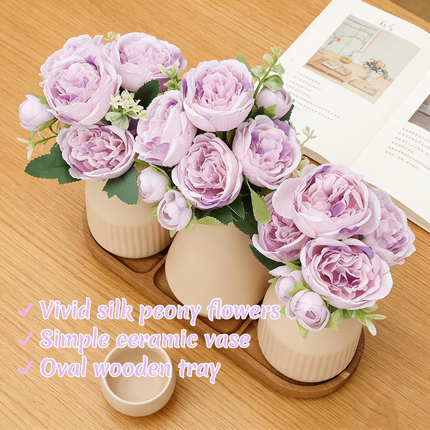 Nagobi Flower Table Centerpiece - Dining Table Centerpiece Decor Set of 3 Fake Peonies in Ceramic Vases & Wood Tray Modern for Kitchen Island Living Room Coffee Table Home Decor (Light Purple)