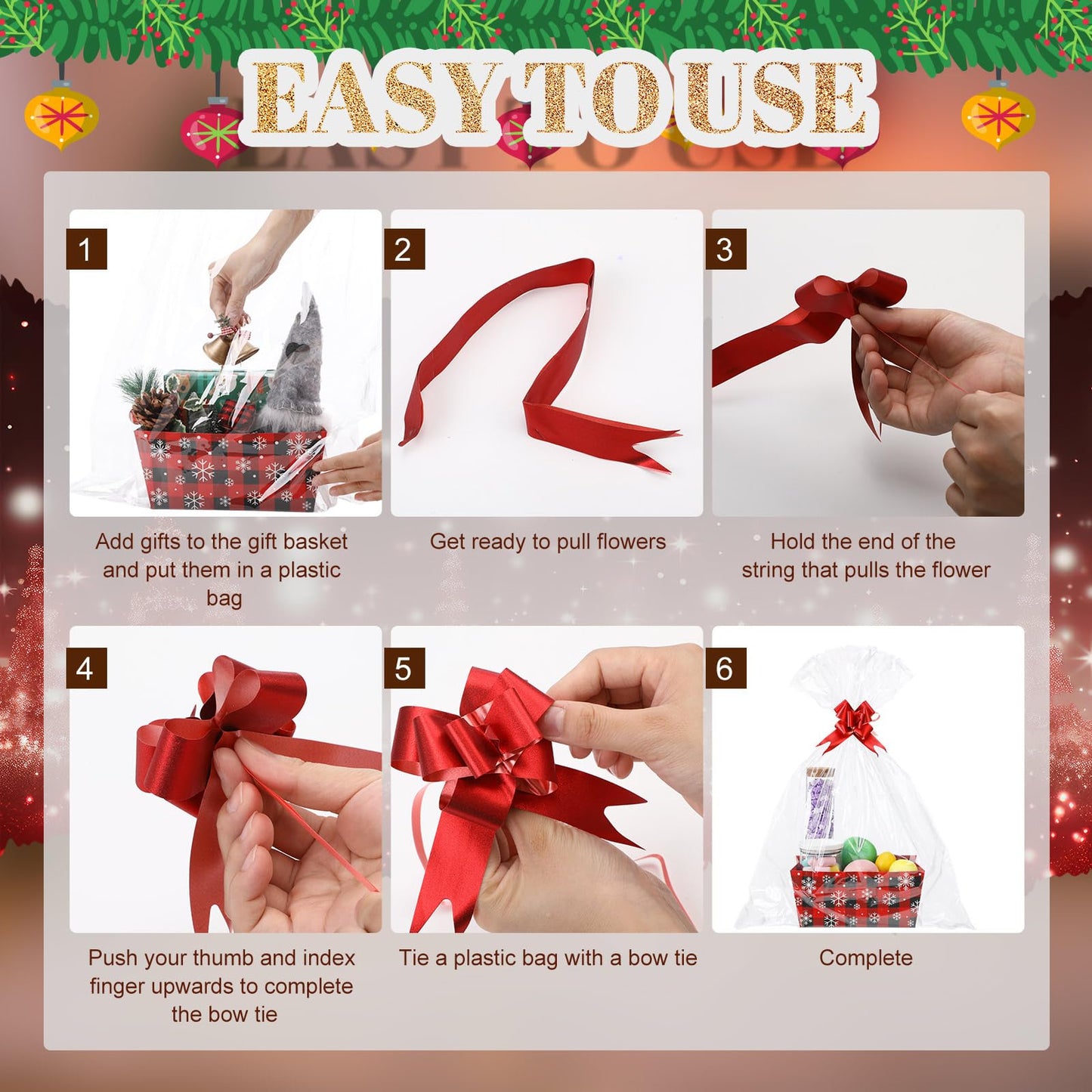 Moinchore 12 Pcs Christmas Snowflake Basket for Gifts Empty 9.8 x 6.5'' Red Black Plaid Cardboard Gift Basket with Bows, Plastic Bags, Twist Ties, Empty to Fill for Holiday Birthday Winter Xmas Party
