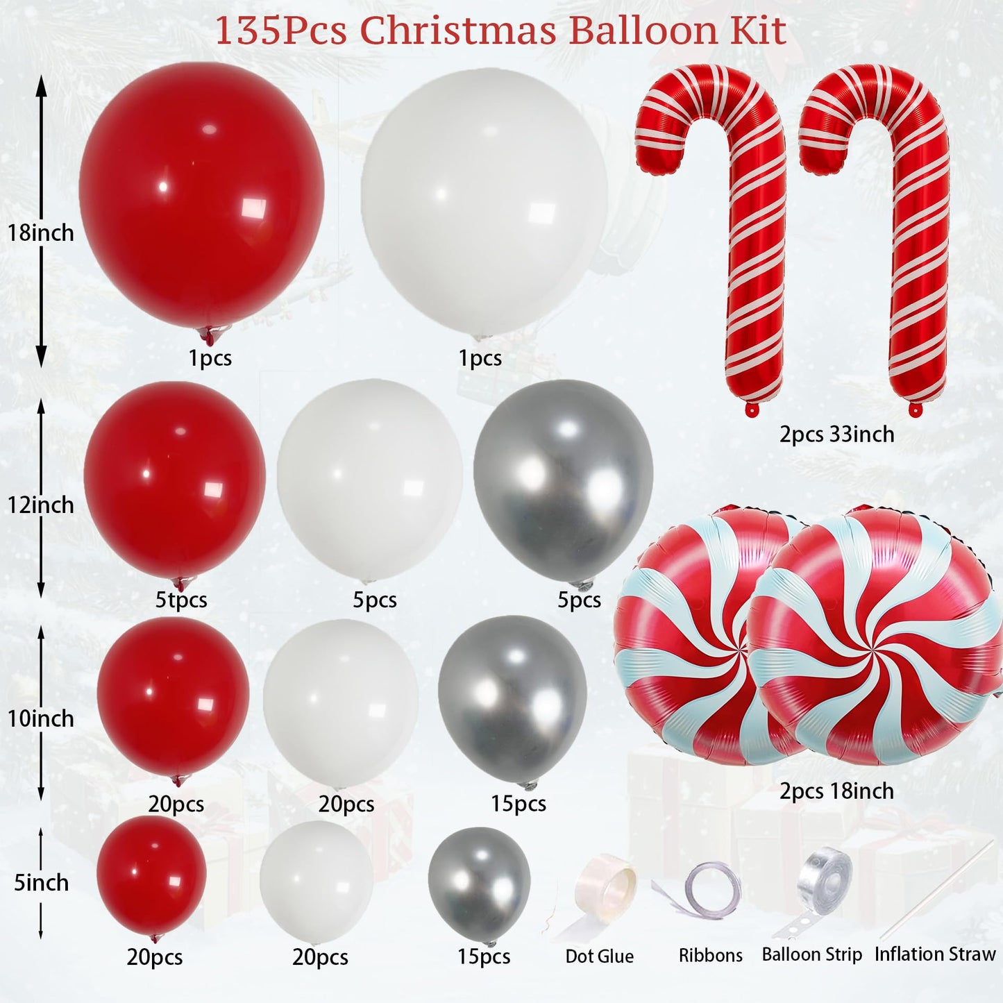 PartyXpress 135PCS Christmas Balloon Arch Garland Kit with Red White Silver Cane Candy Balloons for Xmas Party Backdrop, Holiday Birthday Decorations, Winter Garland Indoor, Snow Theme Baby Shower