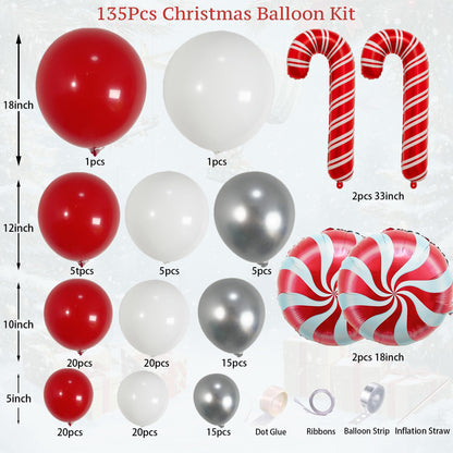 PartyXpress 135PCS Christmas Balloon Arch Garland Kit with Red White Silver Cane Candy Balloons for Xmas Party Backdrop, Holiday Birthday Decorations, Winter Garland Indoor, Snow Theme Baby Shower