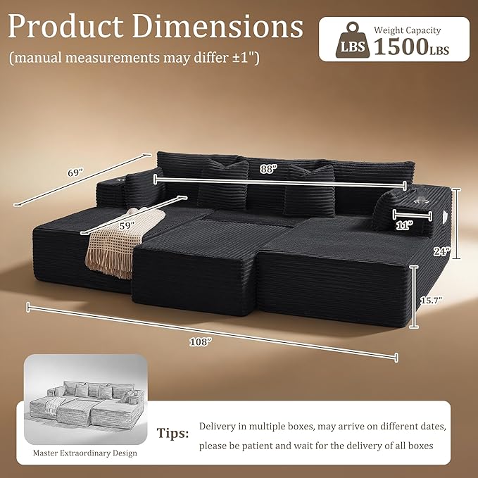 108" Cloud Sectional Couch, Comfort Sleep Sofa