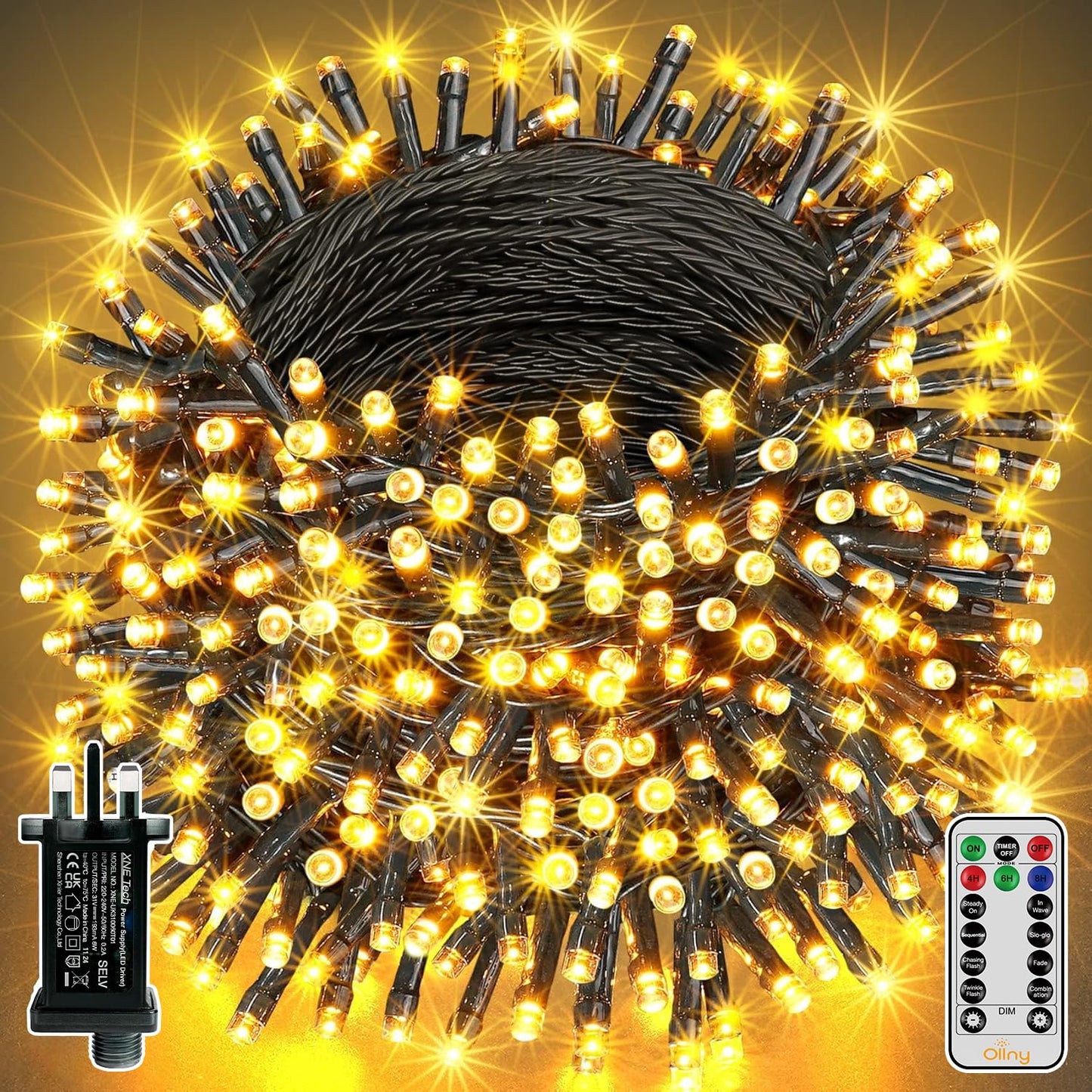 Ollny 20m 200 LED Outdoor Fairy Lights Mains Powered, Warm White Waterproof String Light with Plug/Remote/Modes/Timer, Bright Lighting Outside Indoor Garden Party Wedding Decorations
