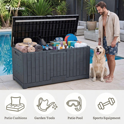 YITAHOME 120 Gallon Large Deck Box, 53"L x 22.7"W x 25.5"H Resin Outdoor Storage Box with Slide-Locking Black Lid for Patio Cushions, Garden Tools, Pool Supplies, Easy Assembly, Waterproof, Dark Gray
