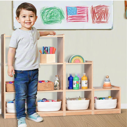 Bolocon Modular 3-Piece Cube Storage Cabinet, L-Shaped Reversible Ladder Corner Bookshelf with 6+ Cubes, 4-Tier Wooden Freestanding Organizer for Kids Room & Home Office, Natural