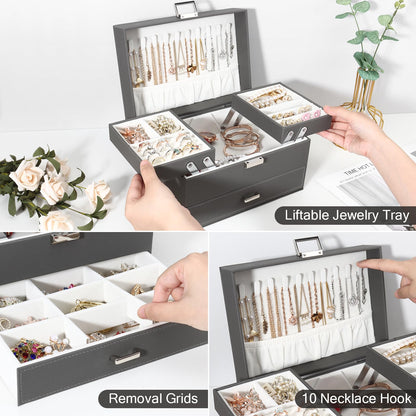 Jewellery Box Organiser, 3 Layer PU Leather Jewellery Case, Large Jewellery Organiser with Drawer, Jewellery Storage Case for Necklaces Earrings Bracelets and Rings, Grey