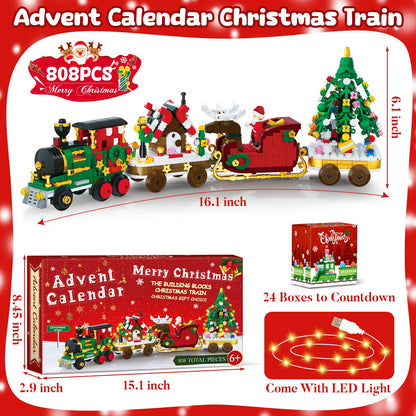 Advent Calendar 2025 Christmas Train Building Blocks Set, 24 Boxs Surprise Christmas Countdown Toy Building Kits With LED Light,Thanksgiving Xmas Gifts for Kids Adults