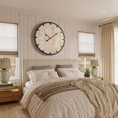 Vantic Farmhouse 30 Inch Extra Large Decorative Wall Clock with Metal Circle, Oversized Wood Wall Clock with Large Roman Numeral for Living Room, Bedrooms and Offices, Silent and Battery Operated