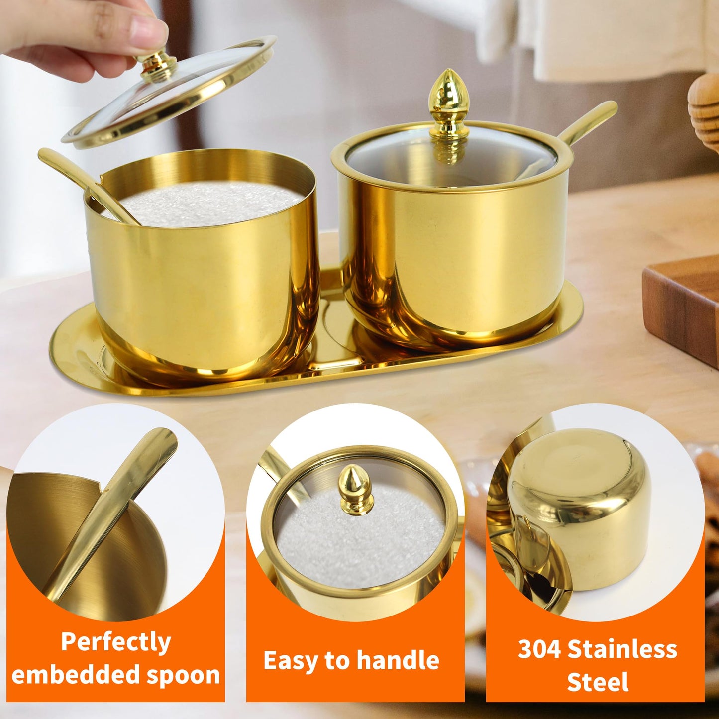 ACOSIY 2 Pack Gold Stainless Steel Sugar Bowl with Lid and Spoon, 10.5oz Small Sugar Container for Coffee Bar, Drum Shape Sugar Cube Holder, Spice Jars for Countertop, Kitchen Ghee Container (2)