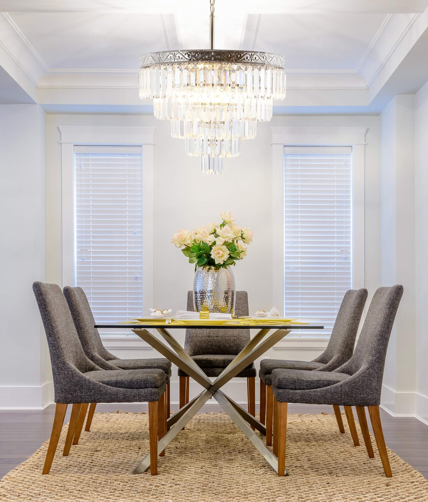JONATHAN Y 20" Polished Nickel/Clear 4-Light LED Chandelier, Modern Tiered Pendant Light Fixture for Dining Room, Bedroom, Entryway with Clear Faceted Crystal Shade (JYL9007A)