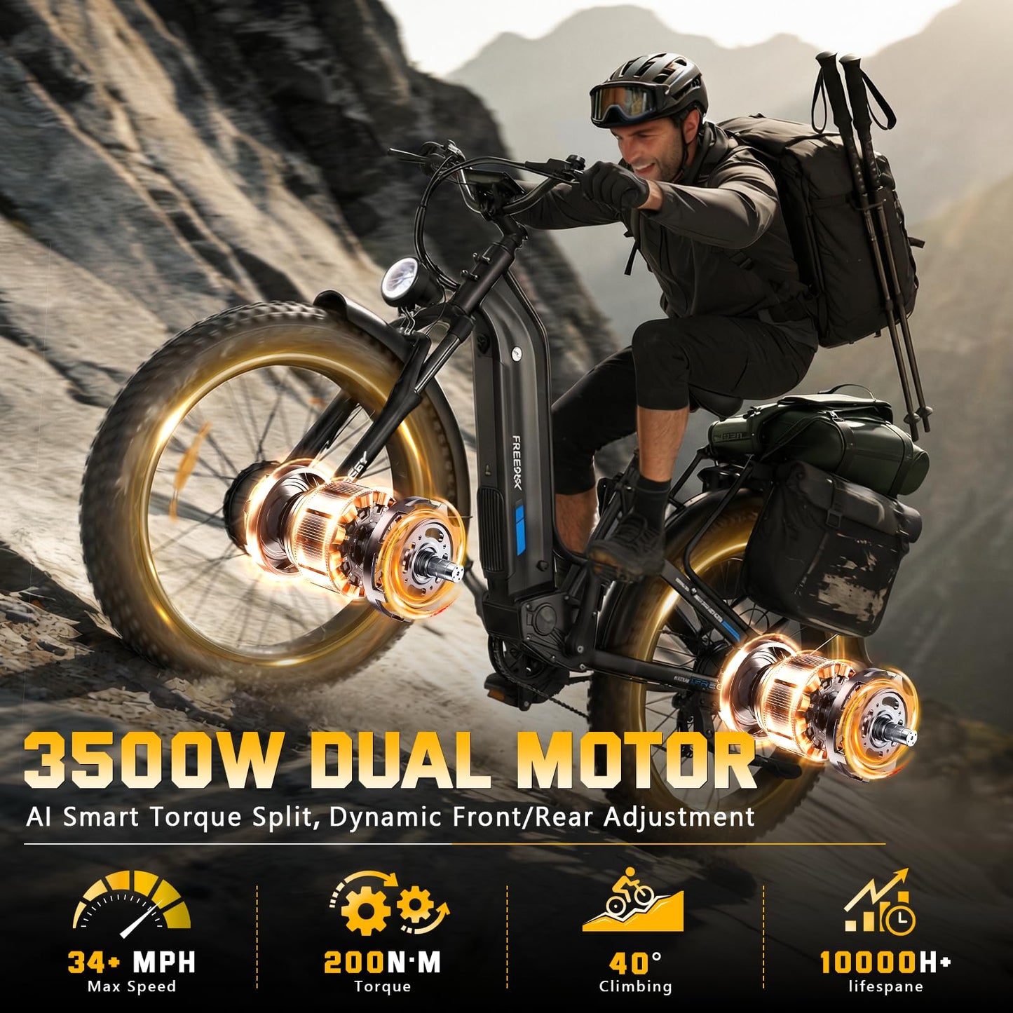 FREESKY Dual Motor Electric Bike for Adults 3500W Fast Ebike 105Miles Long Range 48V 25A Electric Mountain Bike 34MPH Dirt E Bike 26'' Fat Tire Full Suspension Green
