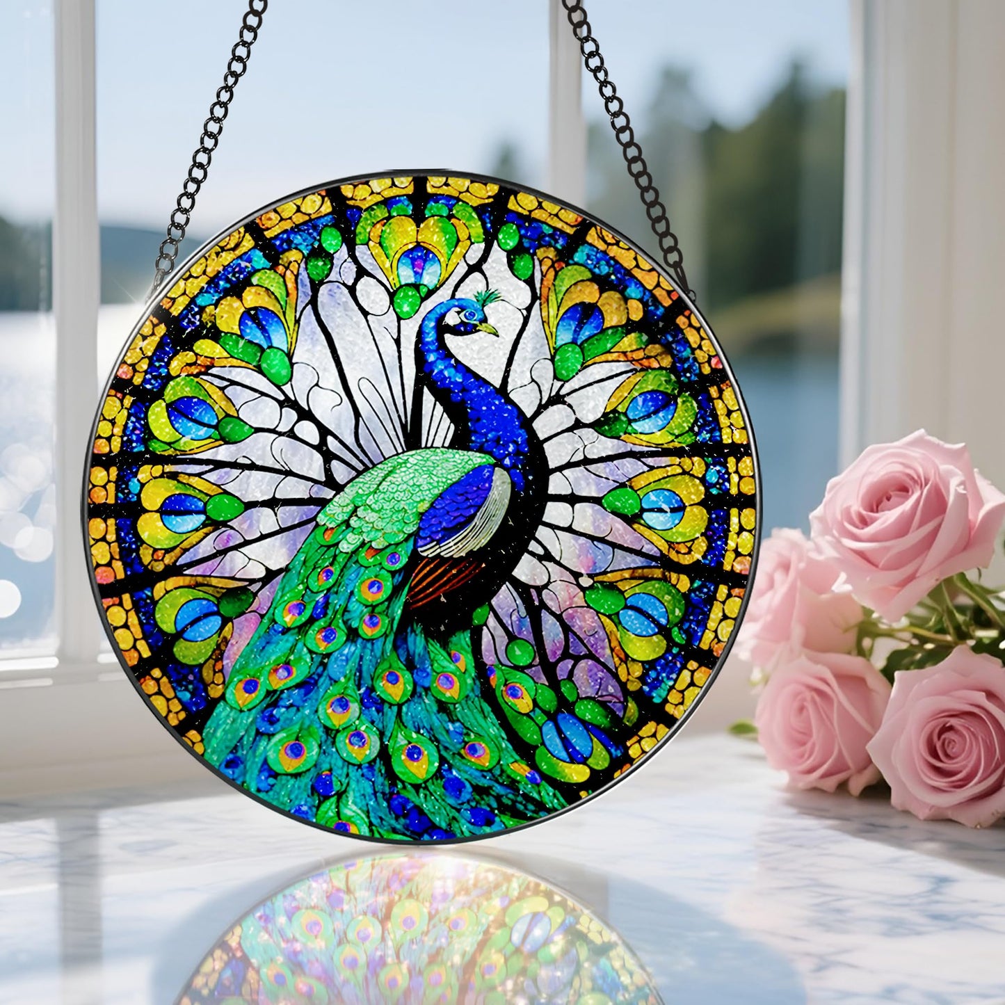 8 Inch Stained Glass Suncatcher Ornament, DOUHASU Peacock Sun Catchers Indoor Window, Stained Glass Window Hanging, Home Decor, Peacock Lovers for Mom, Grandma, Friend, Bestie, Couple