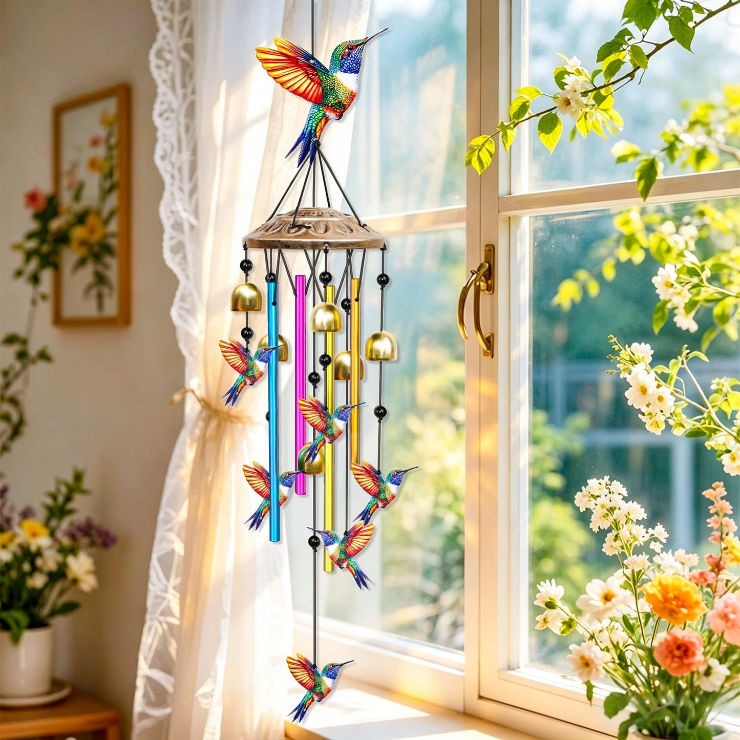 VeyFolzin.st 35" Wind Chimes for Outside, Hand-Tuned Aluminum Windchimes with 6 Bells & Hummingbird Decor, Rustproof Metal Chimes for Garden Patio Porch, Sympathy Memorial Gift(Hummingbird)