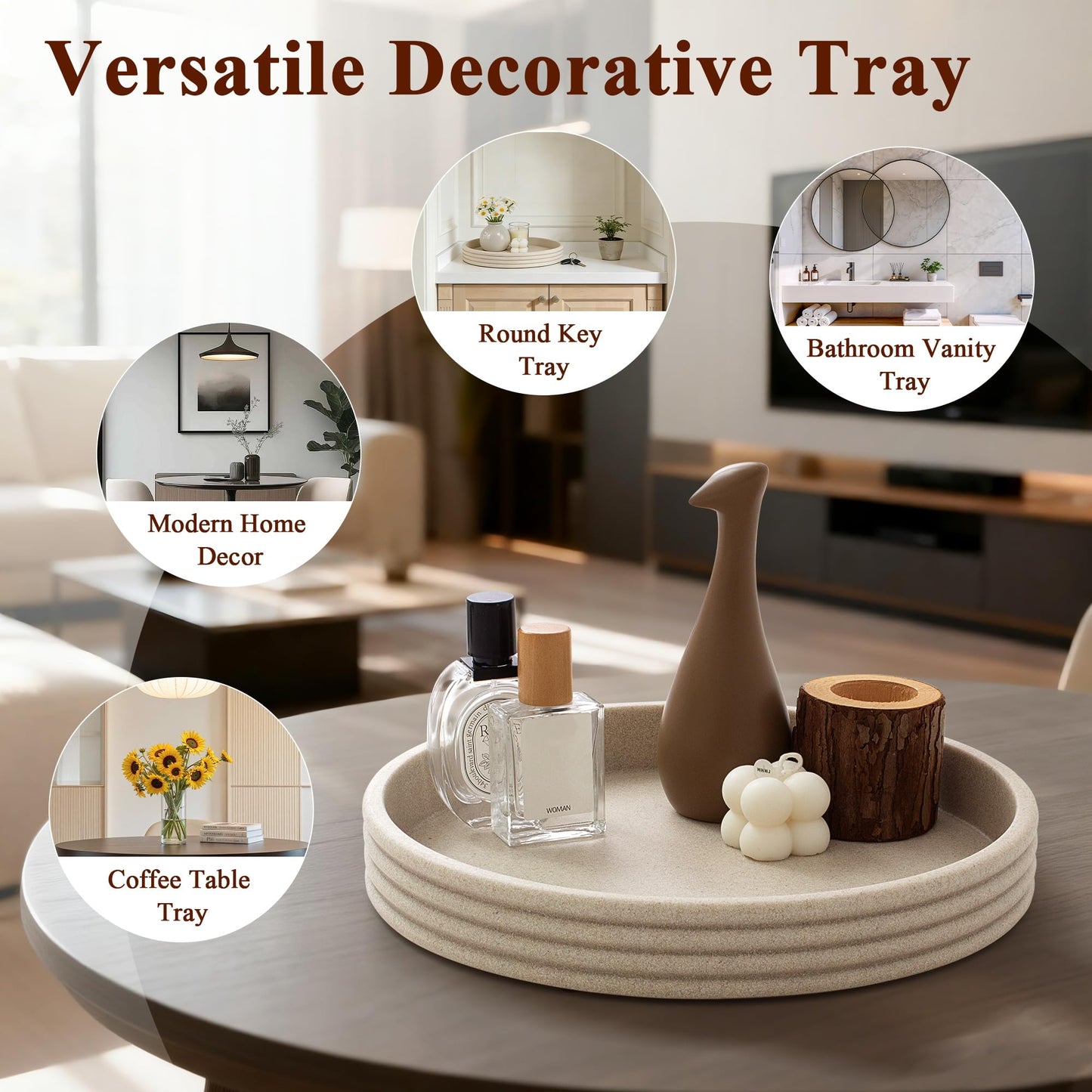 YMXYJM Round Decorative Tray - Modern Coffee Table Tray Decor, Resin Home Decor for Living Room & Bedroom. Multi-Functional Coffee Table Centerpiece with Anti-Slip Pads - 11x1.5 Inch Key Trays - Beige