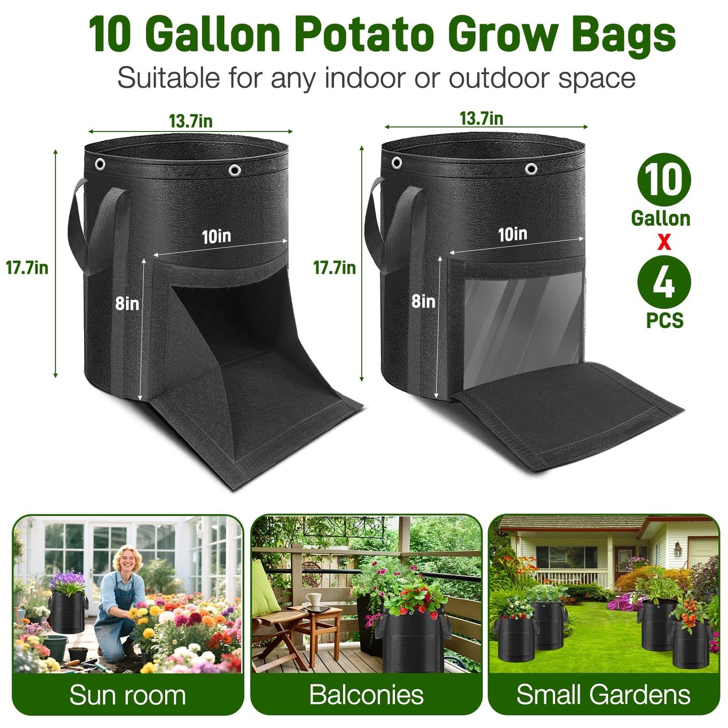 4 Pack Potato Grow Bags 10 Gallon with Harvest & Visible Window Thickened Garden Bags to Grow Vegetables with Handles & Metal Grommets for LST, Fabric Pots for Growing Carrots, Tomatoes, Onions