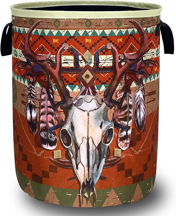Longhorn Cattle Skull Laundry Basket Oxford Cloth Colorful Tribal Laundry Hamper