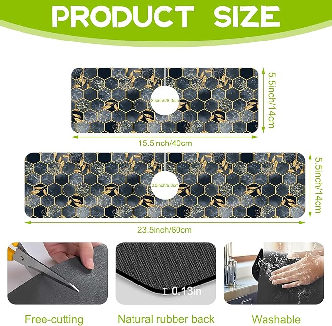 Kitchen Sink Splash Hexagon Marble and Golden Leaves Guard Faucet Mat Super