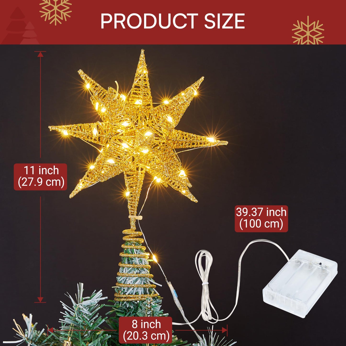 JOIEDOMI 7.8" Metal 3D Star Christmas Tree Topper Golden Glitter Decorations with 56 LED Warm White with Plug Timer Ornaments Treetop Home Holiday Party Indoor Decor
