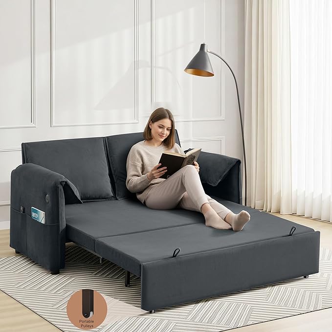 63" Velvet Convertible Sleeper Loveseat Sofa Bed, Pull Out Couch Bed