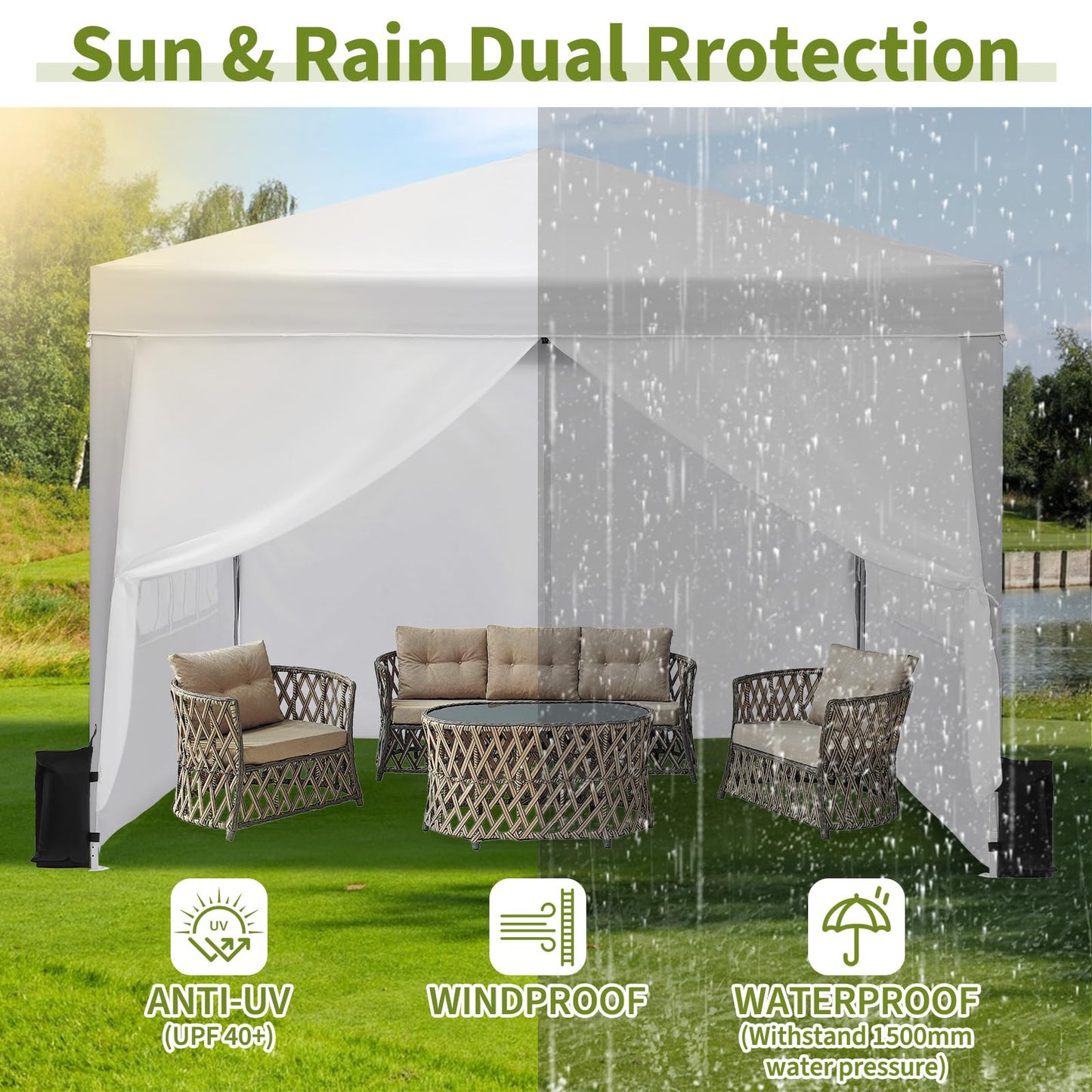 10x10 Pop Up Canopy Tent with Sidewalls, Outdoor Instant Canopy Tent with Carry Bag for Commercial Events, Camping, Beach, Backyard, White