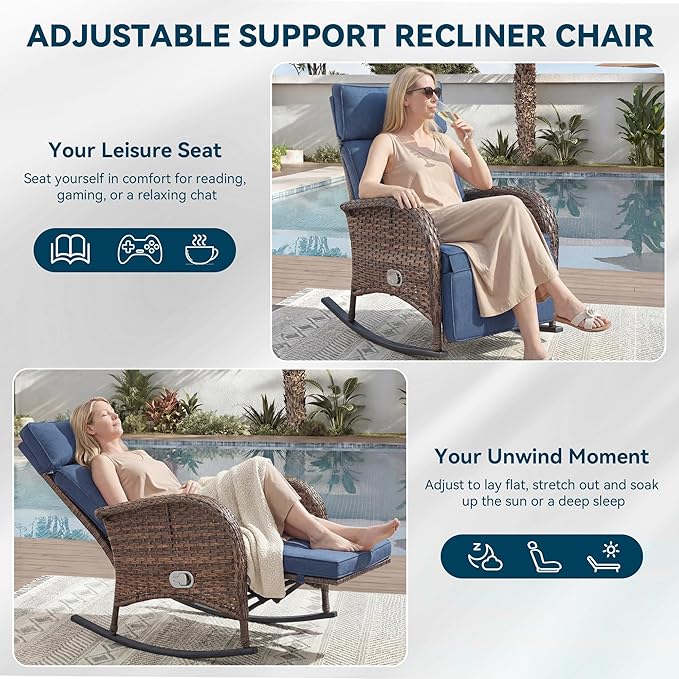 3 Pieces Zero Gravity Wicker Patio Rocking Recliner Chairs Set of 2 - Wicker Outdoor Lounge Chair with Side Table, Adjustable Backrest & Footrest, High Back Outdoor Recliner Chair for Pool Deck Blue
