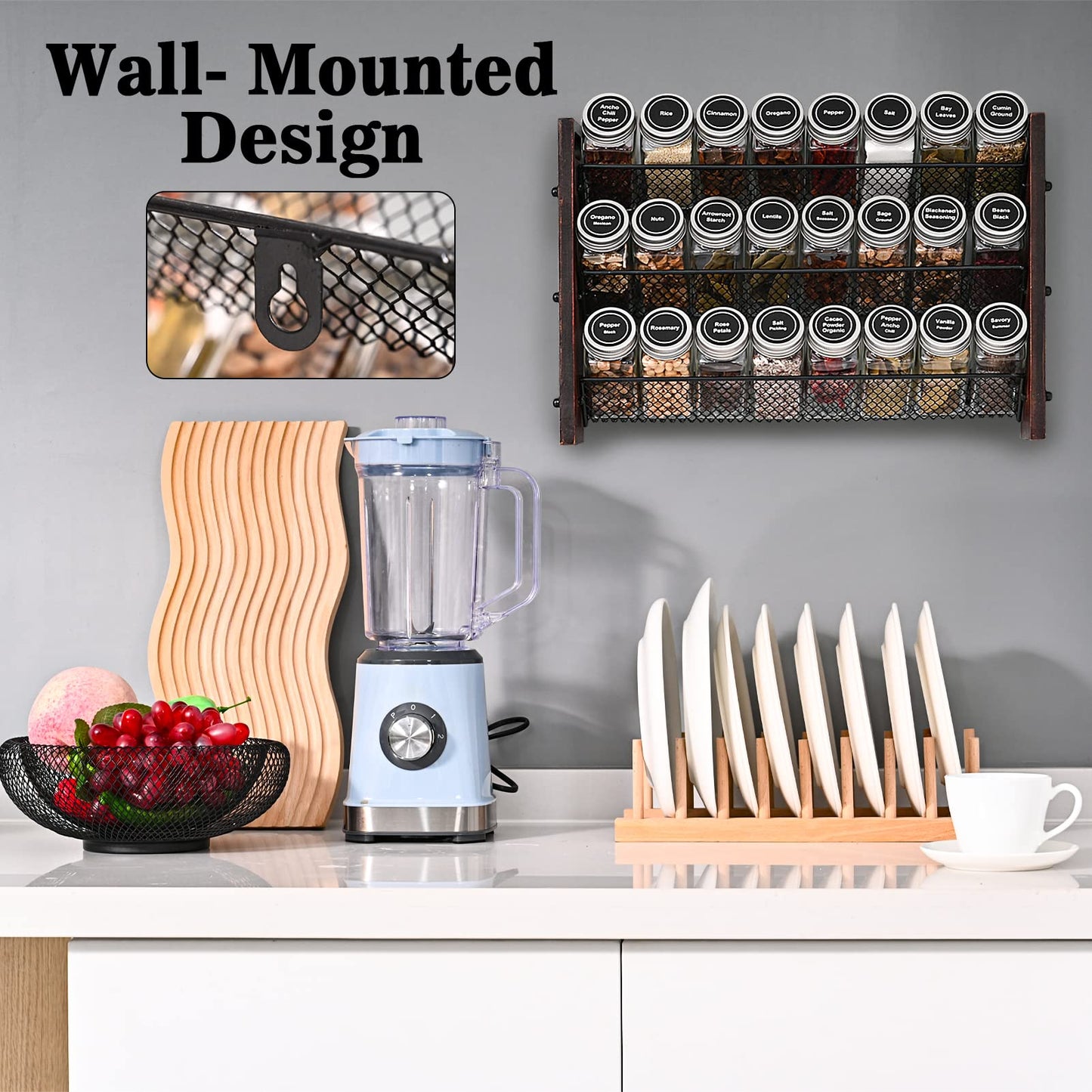 Roykoota Spice Rack, Spice Rack Organizer without Seasoning Jars, Wooden Rustic 3 Tier Kitchen Spice Organizer Shelf for Cabinet, Countertop or Wall Mount