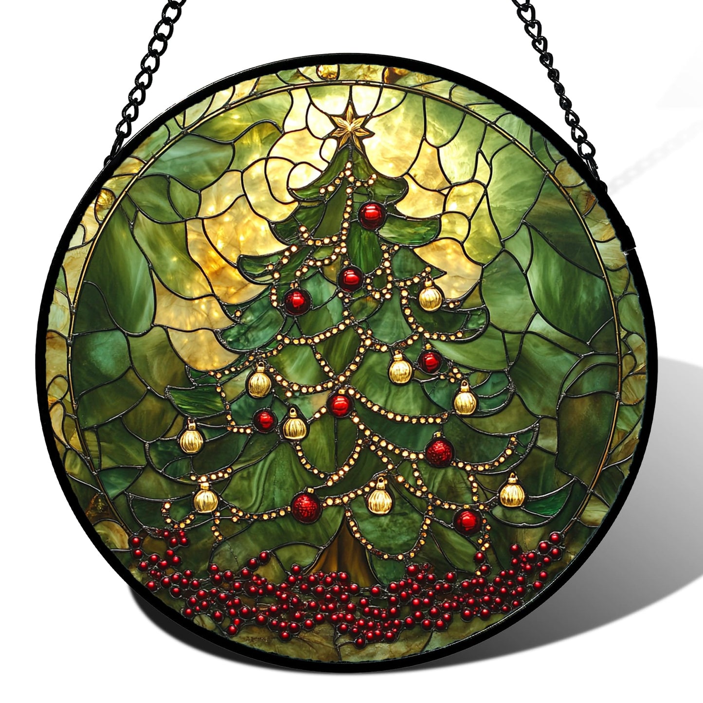 Stained Glass Window Hanging - Retro Green Christmas Tree Suncatcher for Doors Home Christmas Decoration Sun Catcher Thanksgiving New Year Birthday Gifts for Women Men Mom Nana 6.3 in