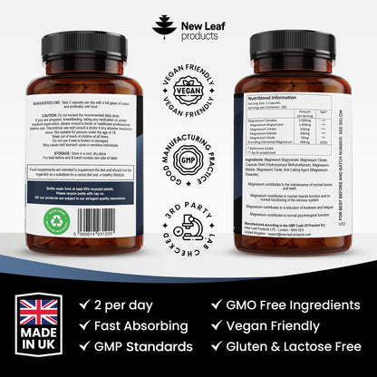 Magnesium Glycinate 4-in-1 Complex 2000mg - High Strength Magnesium Supplements - Bisglycinate,Citrate, Malate, Oxide - 360 Capsules 449mg Elemental - Vegan UK Made by New Leaf