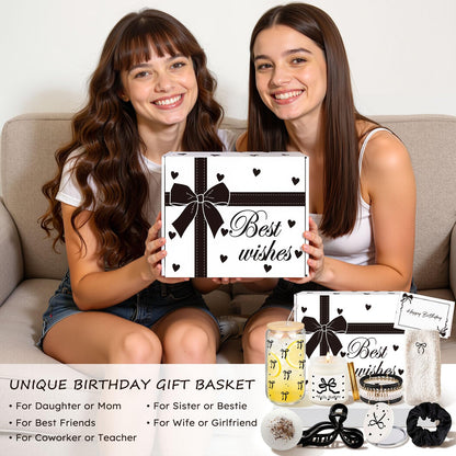 Elegant Birthday Gifts for Women, Black Bow Unique Birthday Relaxing Gifts Box with Scented Candles, Greeting Card & Home-Spa Relaxation, Birthdays Presents for Her, Best Friend, Sister, Wife