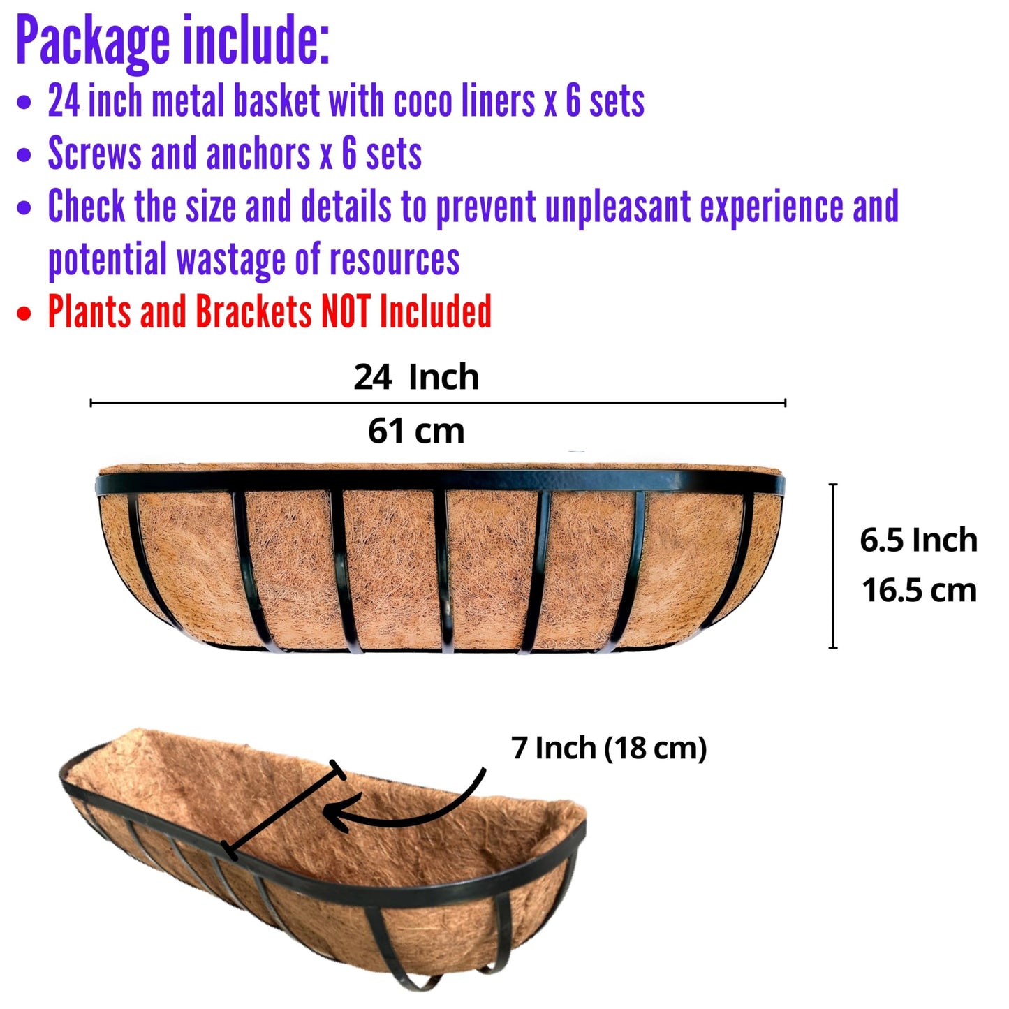 LaLaGreen Deck Railing Planter Boxes for Plants (24 Inch, 6 Pack) Metal Wall Planters for Outdoor Plants, Black Window Flower Boxes Deck Railings with Coco Liner Fence Balcony Patio Porch Over Rail