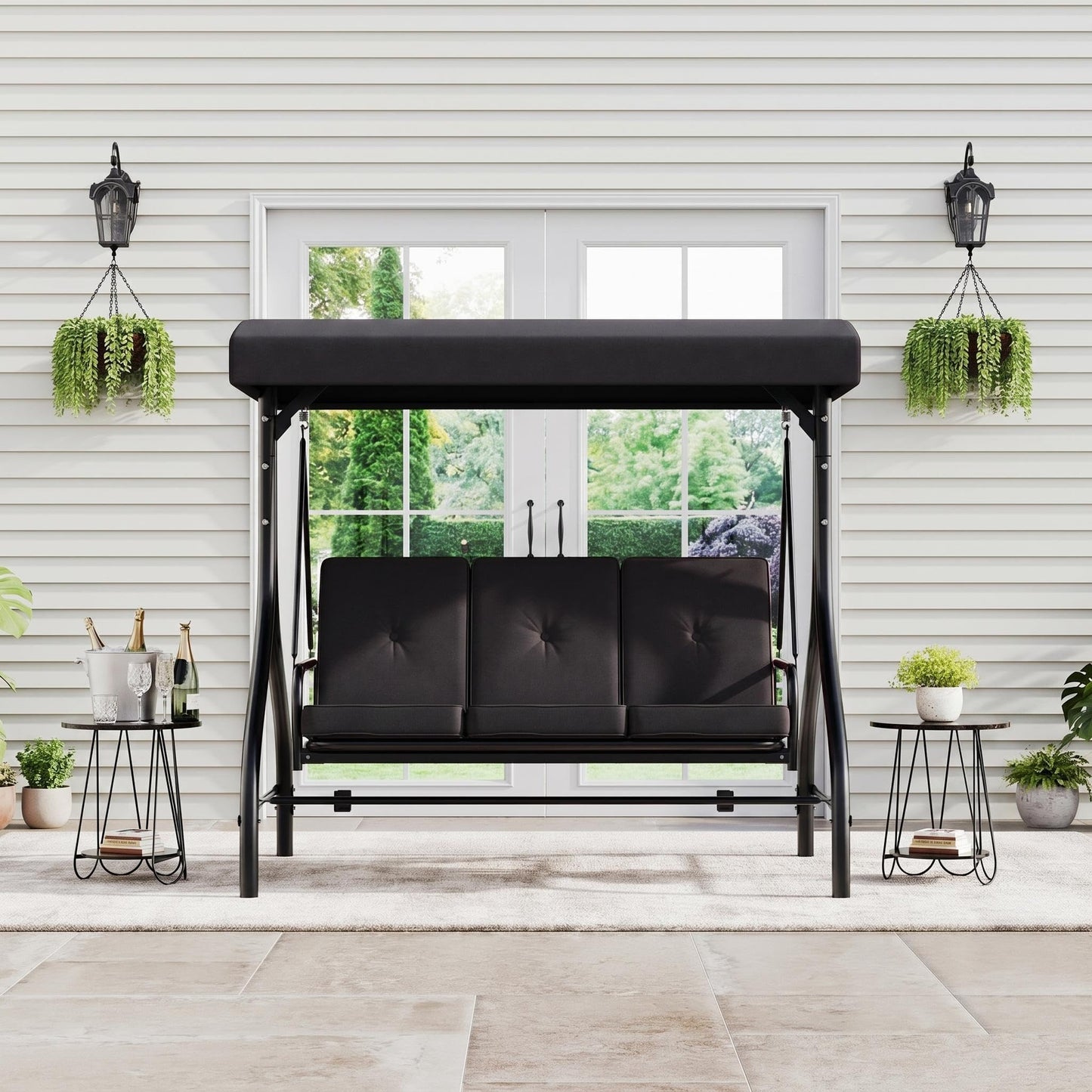 3-Seat Outdoor Porch Swing with Adjustable Canopy, Patio Swing Chair with Stand, 800 Lbs Heavy Duty Steel Frame, Reclines to 180° Swing Bed, Cup Holder Trays, Cushions & Pillows for Garden, Black